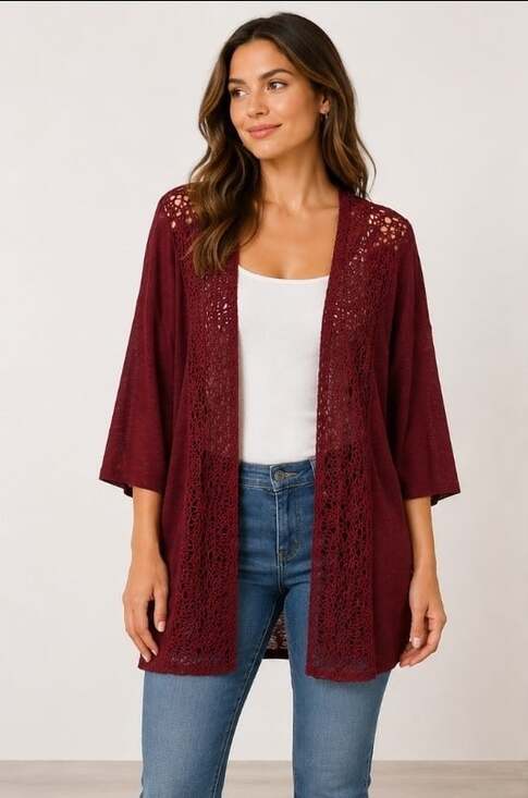 Luxe Addition Sweaters - Luxe Addition Women’s Maroon Open Front Lace Knit Cardigan Medium NWT L300